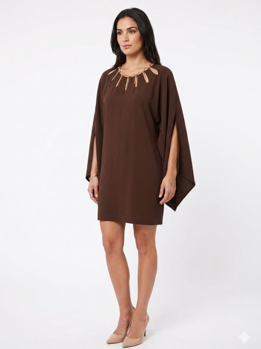 LANVIN PARIS BROWN GOLD METALLIC NECKLINE SHIFT DRESS - 40 (L)